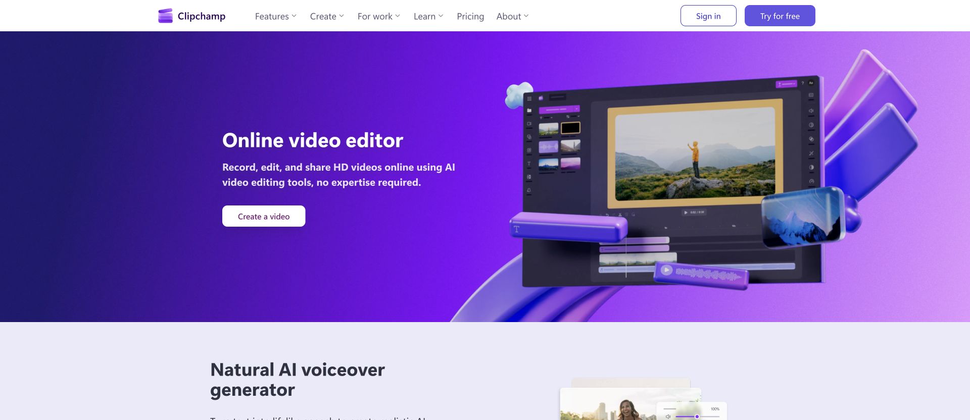 Clipchamp landing page for its online video editor