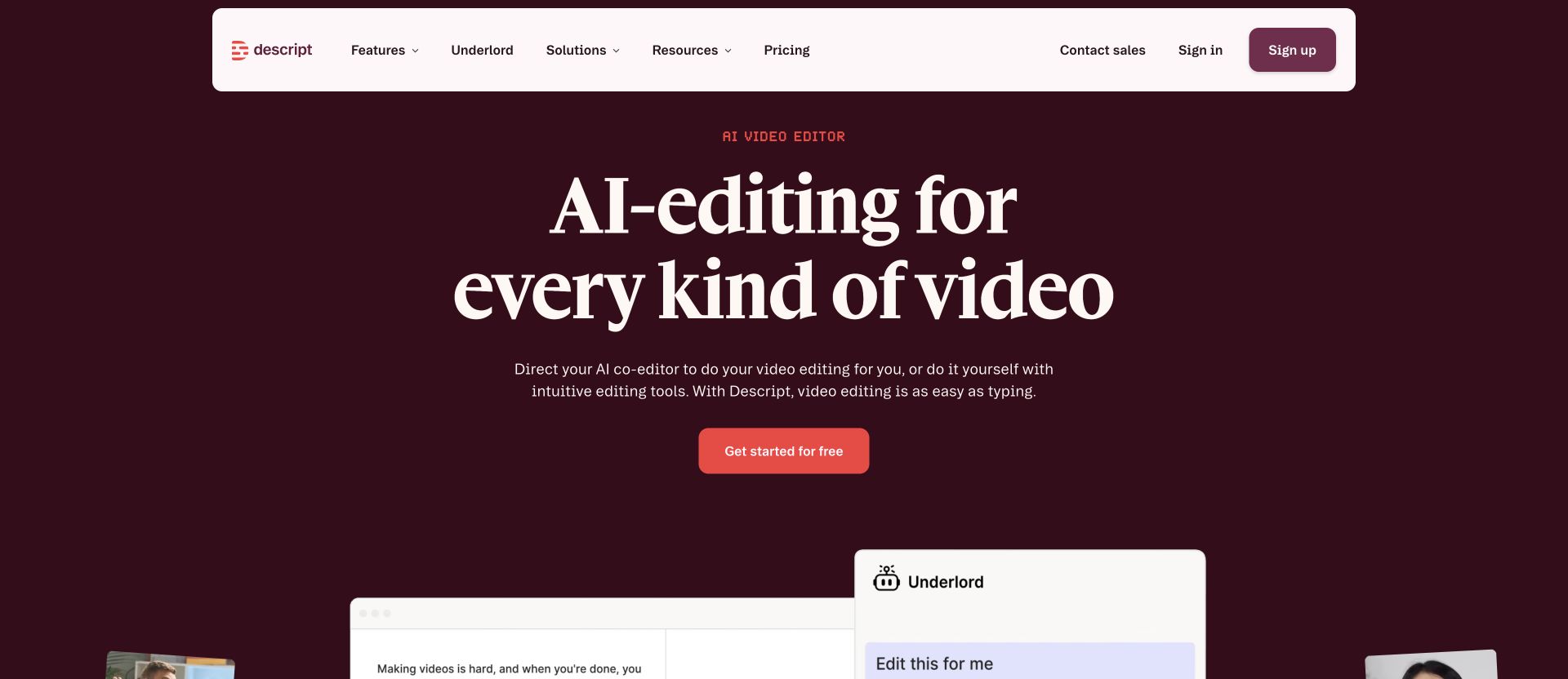 Descript landing page for its AI video editor