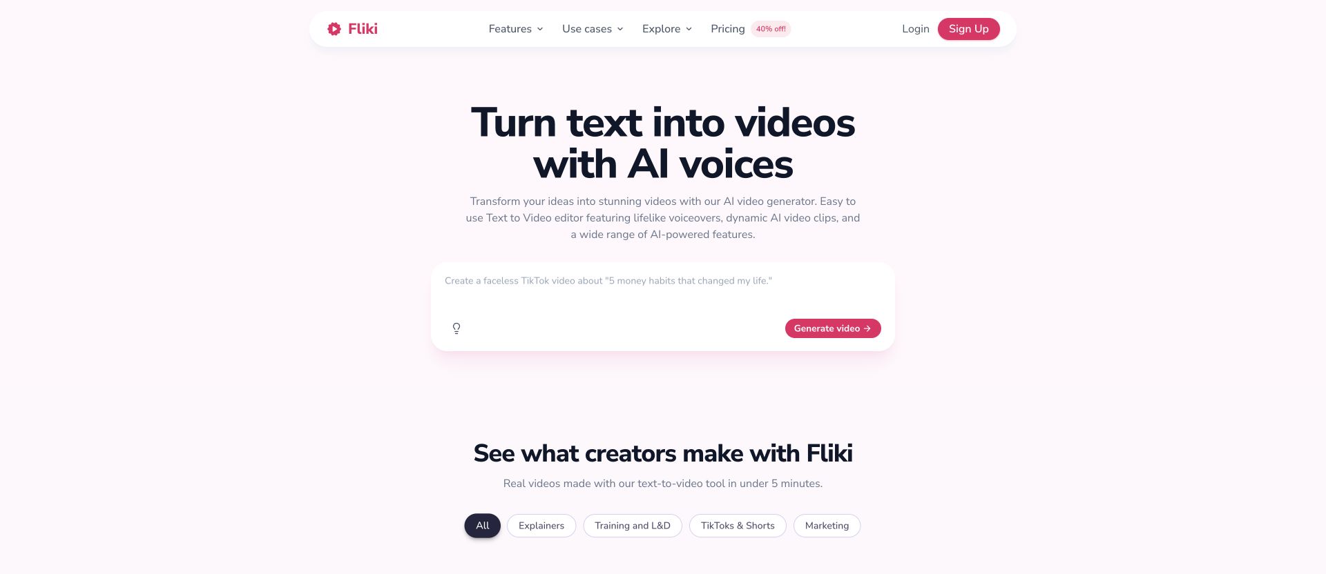 Fliki AI video and voice platform landing page