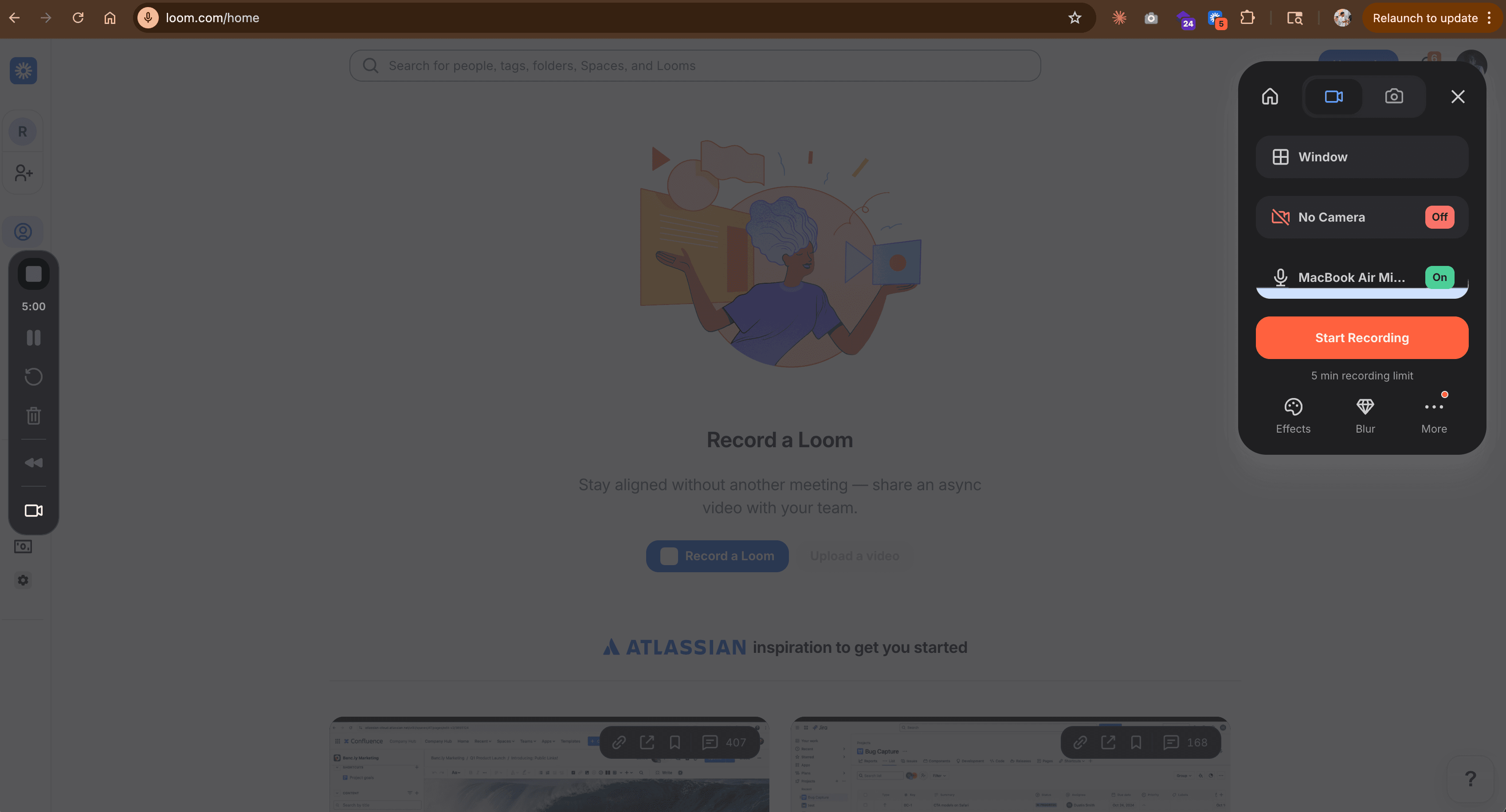 Loom recording interface with screen capture and camera setup options
