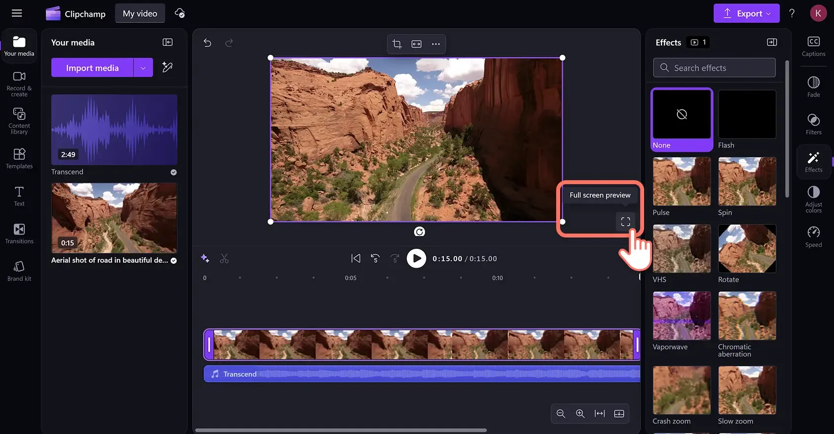 Clipchamp browser-based video editor with effects panel