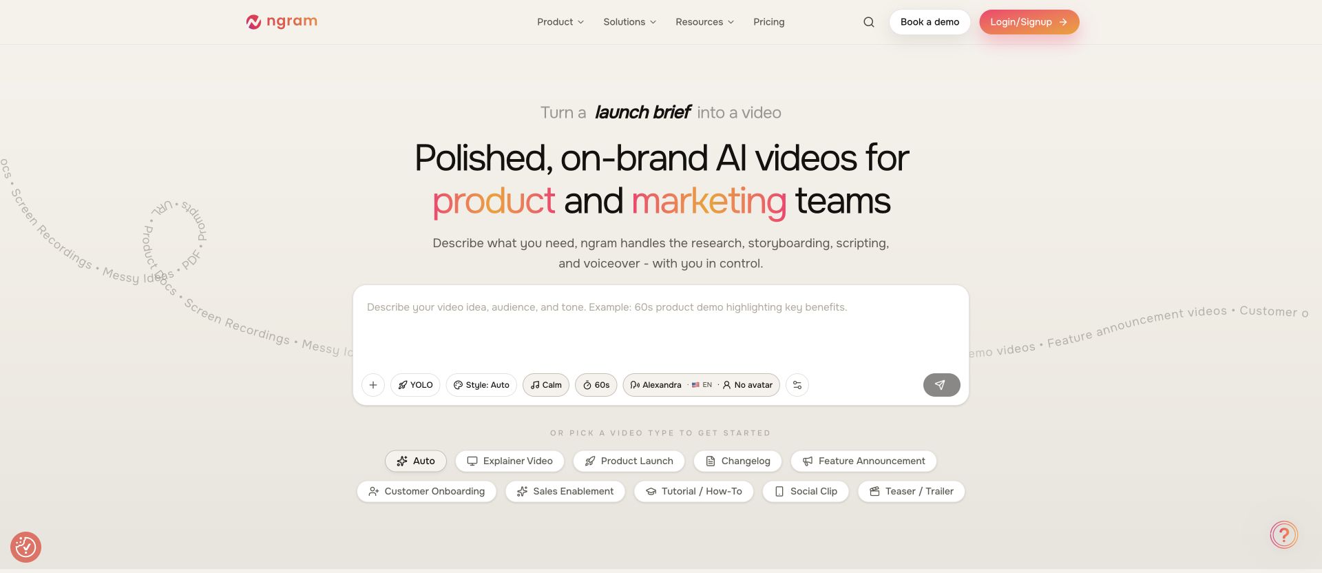 ngram landing page for its AI video creation platform