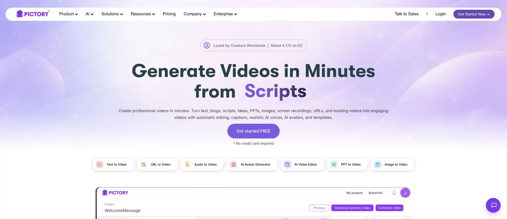 Pictory text-to-video landing page