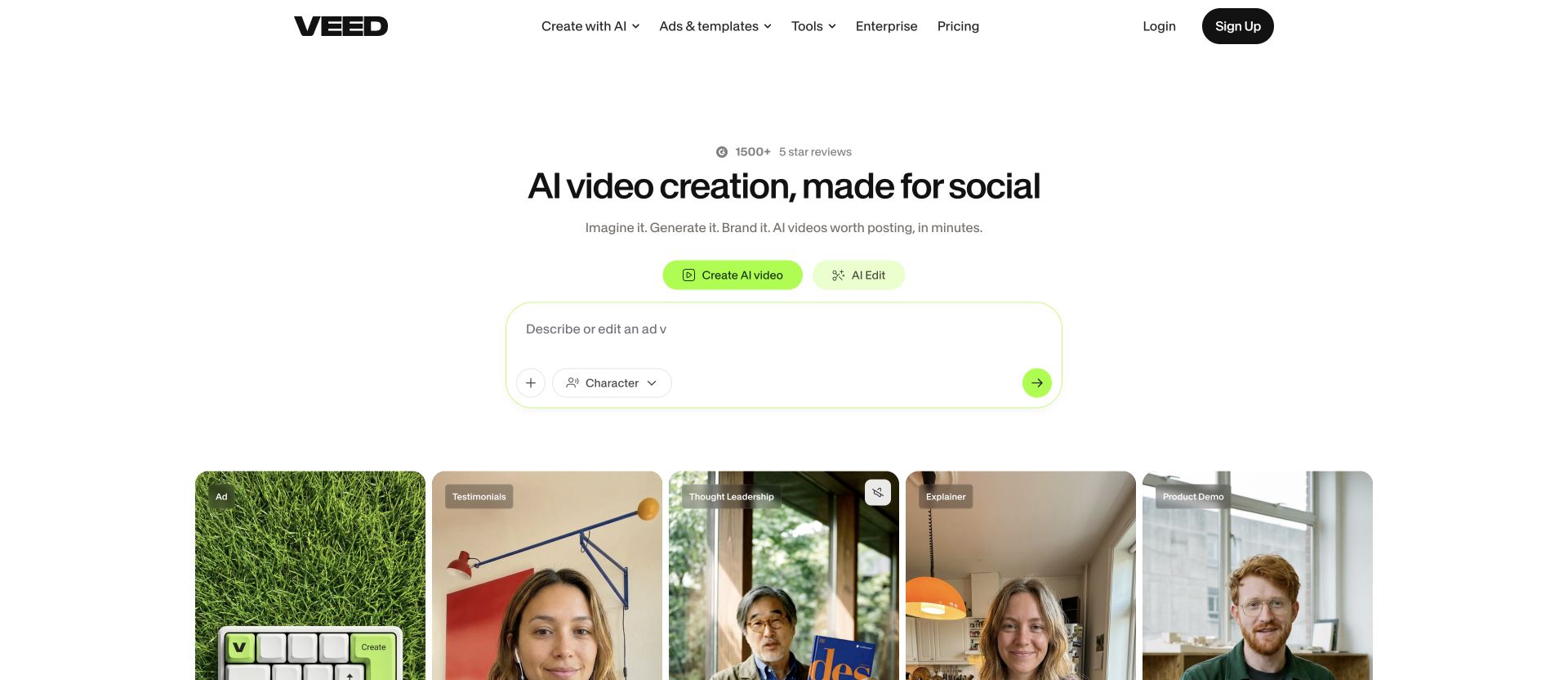 VEED AI video creation landing page